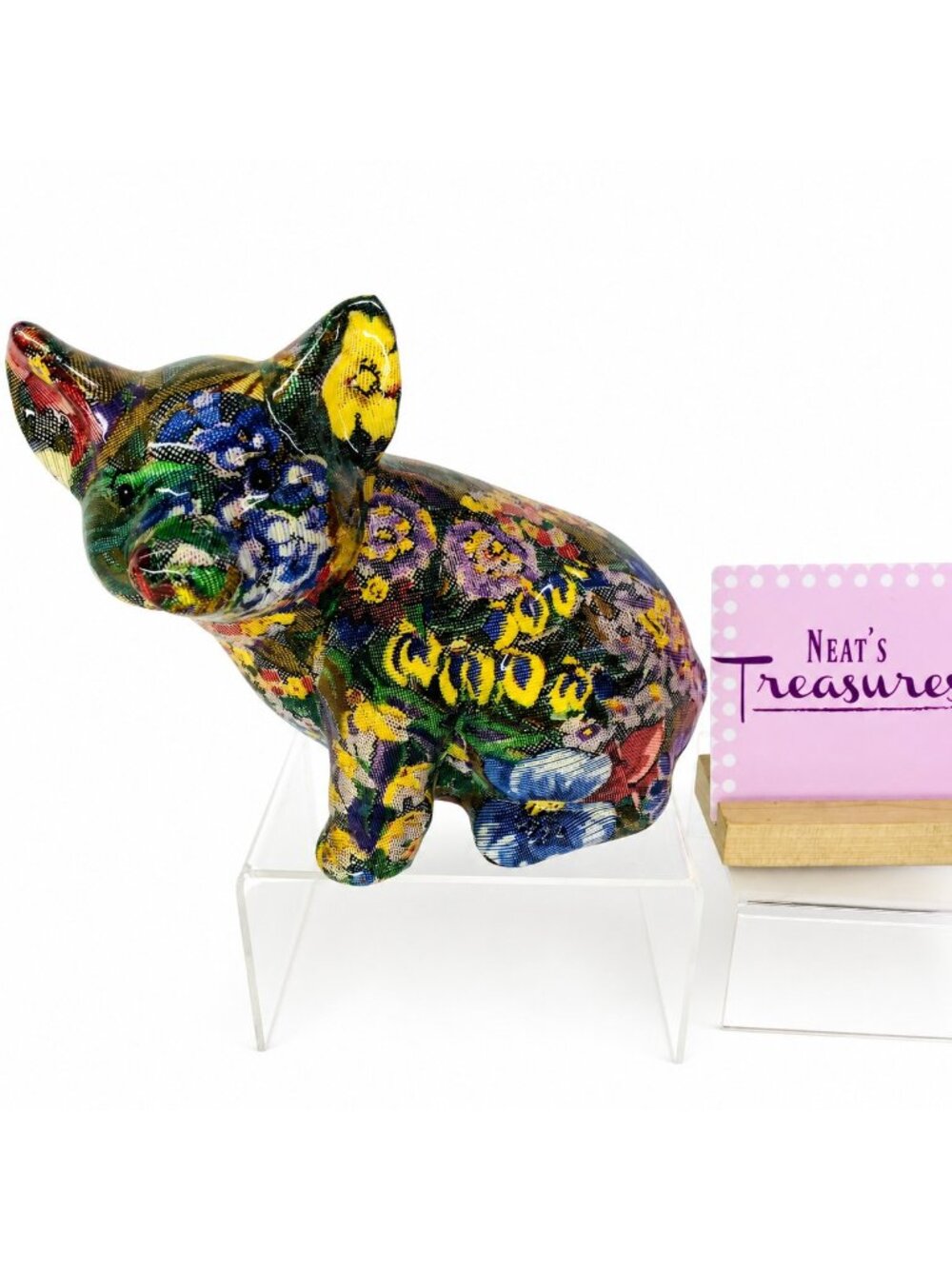 Vintage Chintz PIG PIGGY Patchwork Deco Multicolor Floral 8" Ceramic Figurine